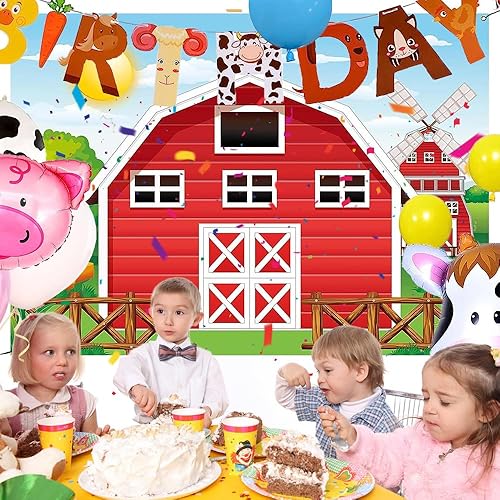 Miniatura 6 de Tela de fondo de fiesta de cumpleaños para niños, tela de fondo con temática de granja (fondo antiguo de almacén rojo de granja)