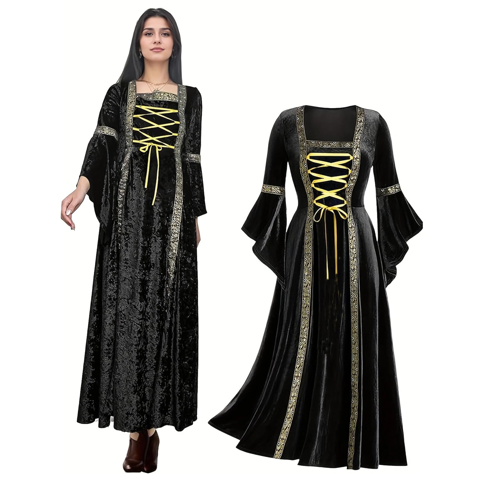Retro Medieval Women's Dress with Trumpet Sleeves, Medieval Victorian Green Velvet Queen Dresses, Renaissance Irish Dress, Carnival Halloween Party (L, Black)
