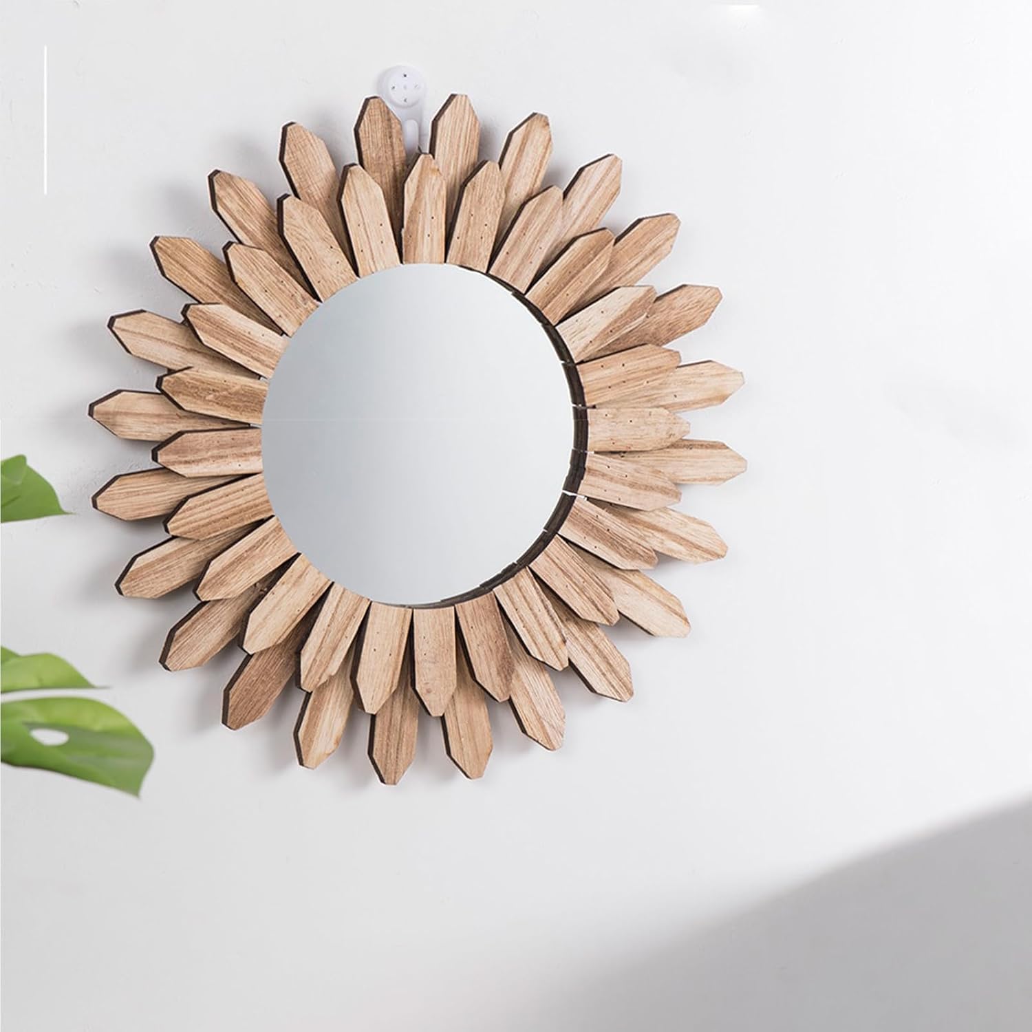 Sunburst Boho Mounted Mirror, Rustic Round Wood Mirror, Wooden Frame, 50cm, Living Room Mirror