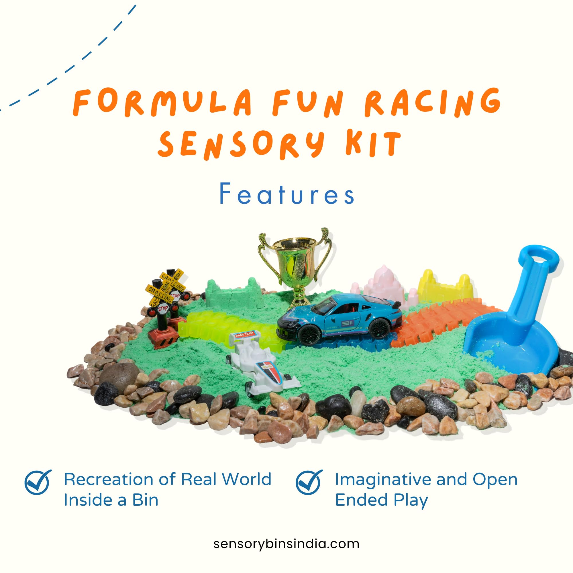 SENSORY BINS Formula Fun Racing Sensory Adventure Play Toy for Kids |Blissful Taste Safe Kinectic Sand |1 Trophy |2 Moulds 1 Sports car & F1 Car |1 Scoop |Assorted Stones for Kid