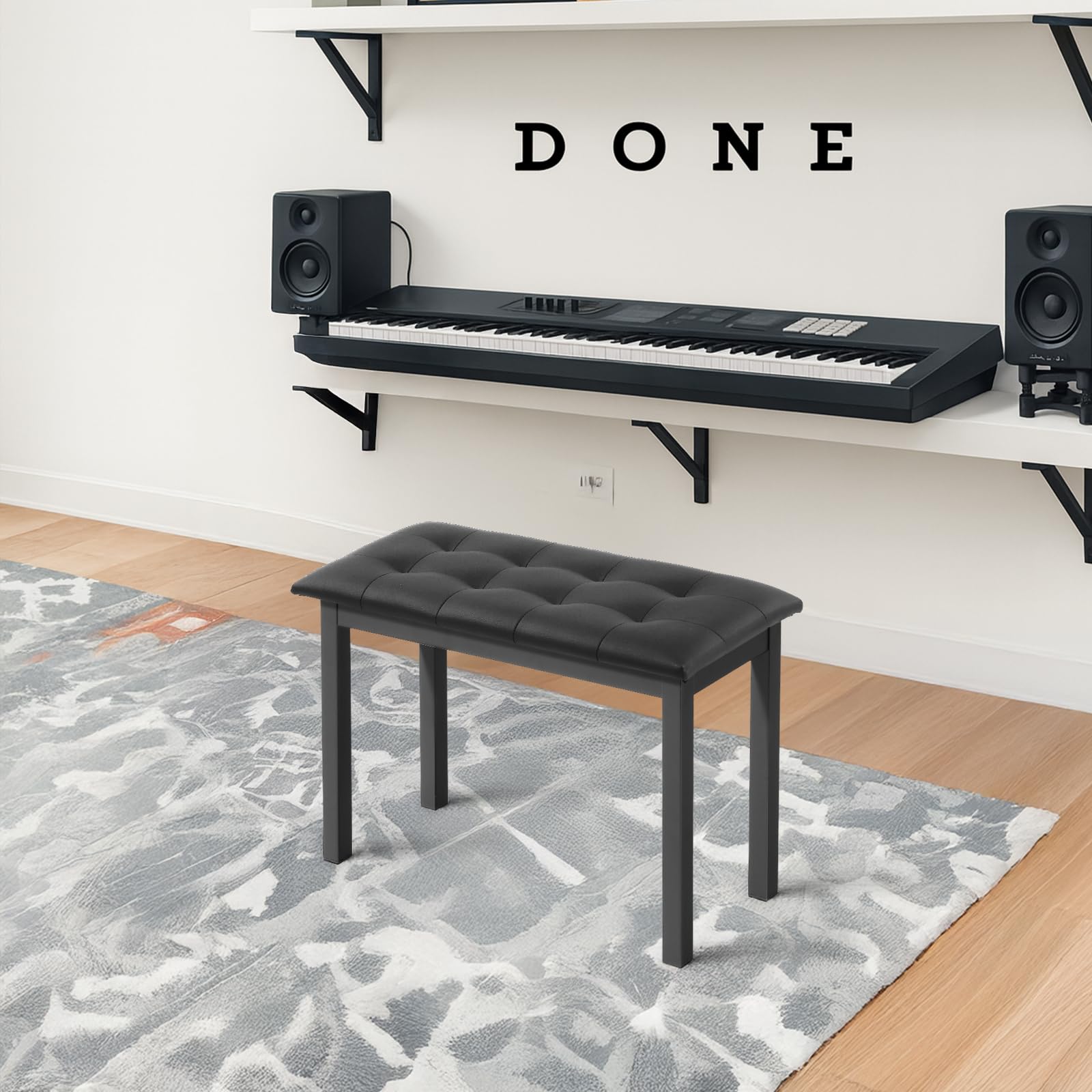 LEADZM Pianobank, Klavierhocker mit PU-Lederkissen und Eisenbeinen, Integrierter Stauraum, Maximale Tragkraft: 200 kg, 70x30x43, Schwarz