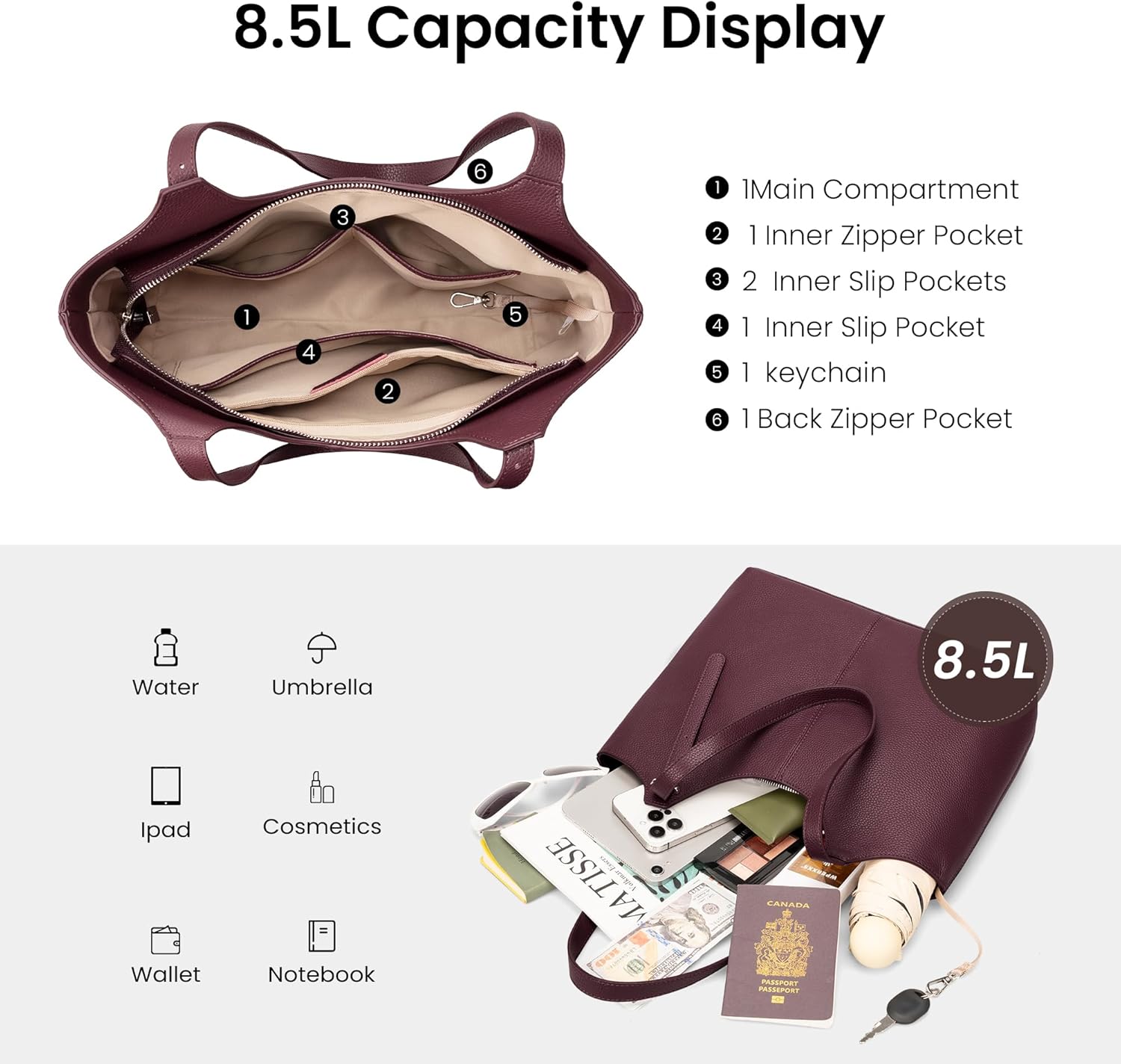 befen Genuine Leather Tote Bags for Women, Real Leather Shoulder Handbags Satchel Purses with Adjustable Strap - Image 4