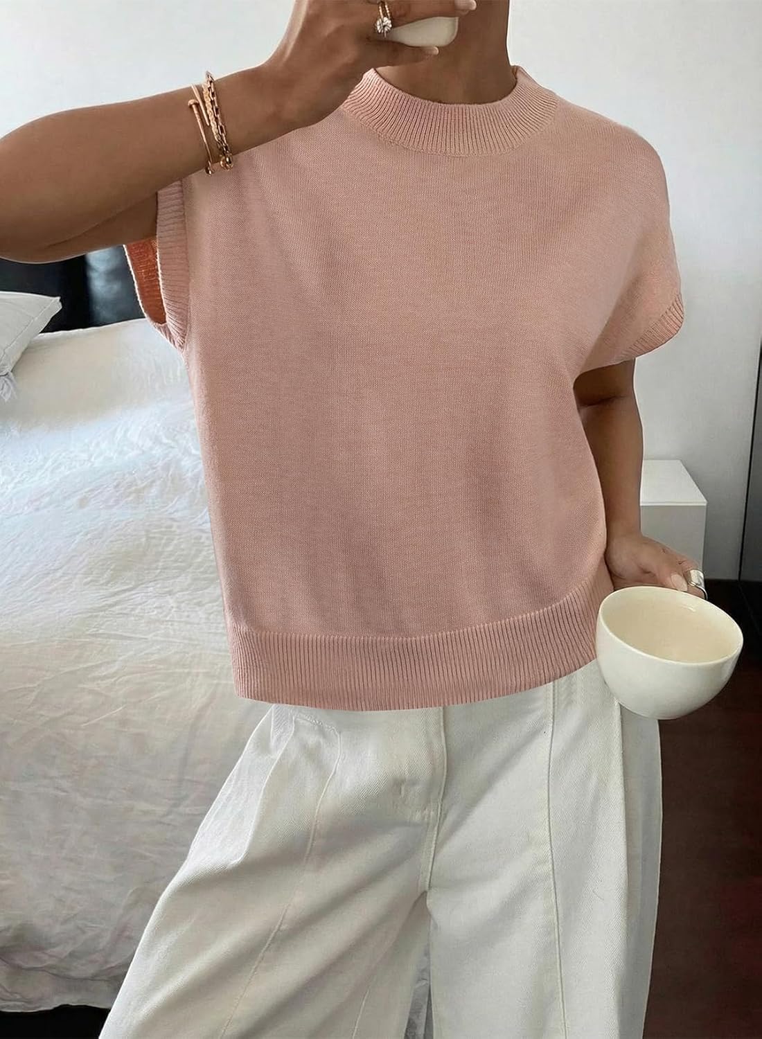 BLENCOT Womens Cap Sleeve Sweaters Summer Casual Short Sleeve Knit Tank Tops Loose Fit Crew Neck Pullover - Image 7