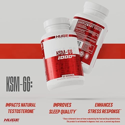 Miniatura 5 de Huge Supplements KSM-66 Ashwaghanda, Withanolides de alta potencia al 5%, 1000 mg de KSM66 clínicamente estudiado (120 cápsulas)