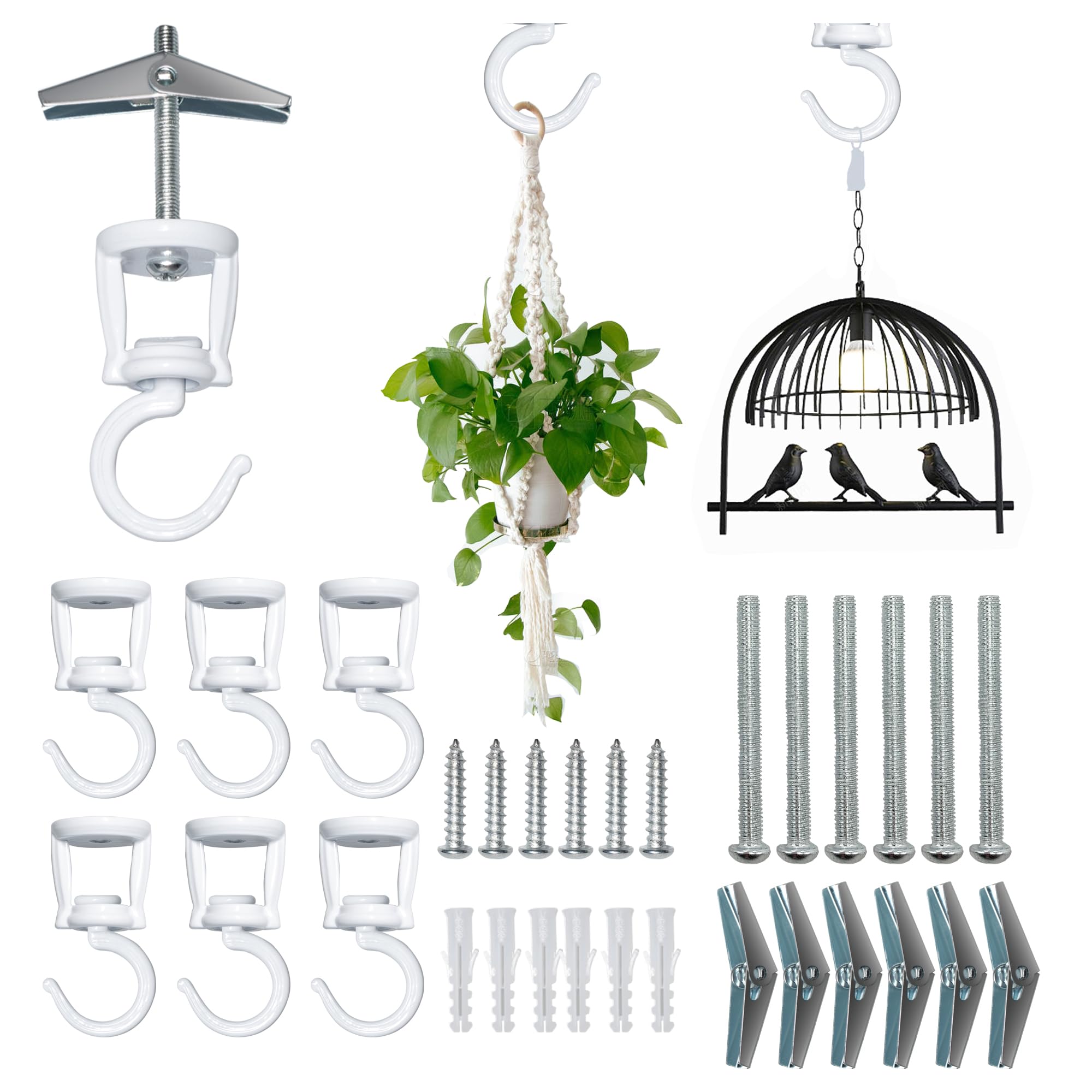 Ceiling Hooks for Hanging Plants (6 PCS White),Heavy Duty Metal Plant Hooks, Screw in Hooks for Hanging Birdfeeders, Lamps, Planters, Outdoor Decorative Hooks up to 33 lbs