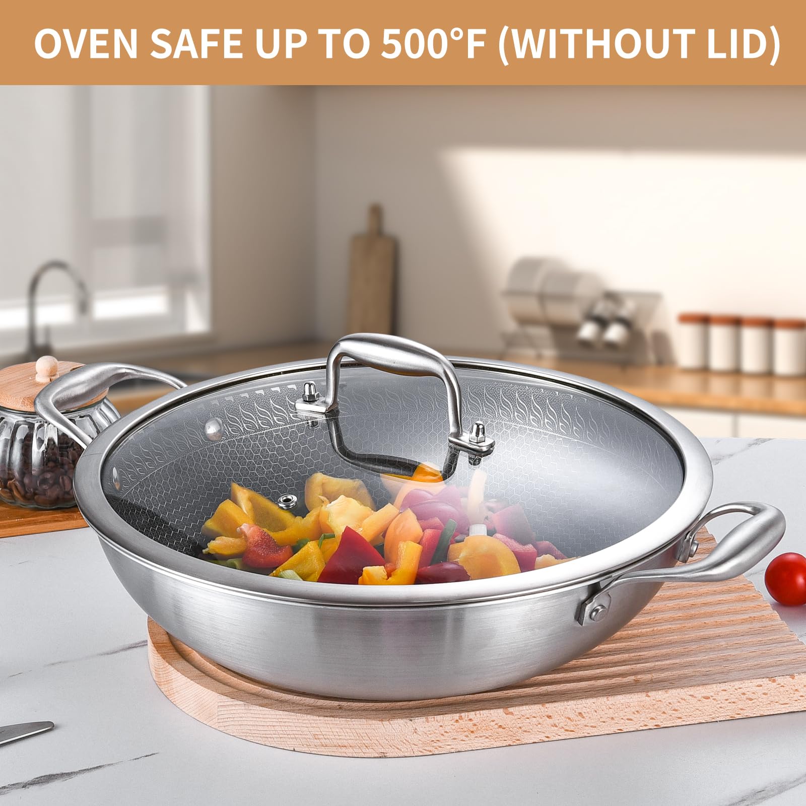 DELARLO Whole body Tri-Ply Stainless Steel 12 inch Honeycomb Wok Pan With steel cover, Oven safe induction Stir-Fry Pans skillet,Suitable for All Stoveâ€¦