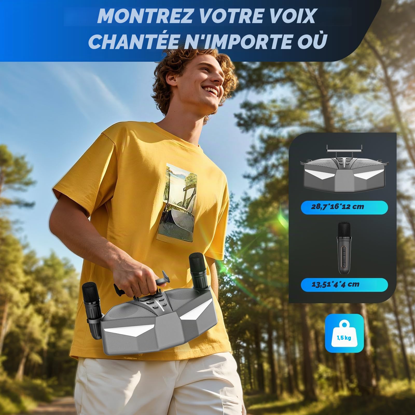 Karaoké Haut-Parleur Portable 35W Réel, Autonomie de 8 Heures, 2 Microphones sans Fil Rechargeables, LED, Machine de Karaoké pour Adultes et Enfants, (CHJ161-Silvergray)