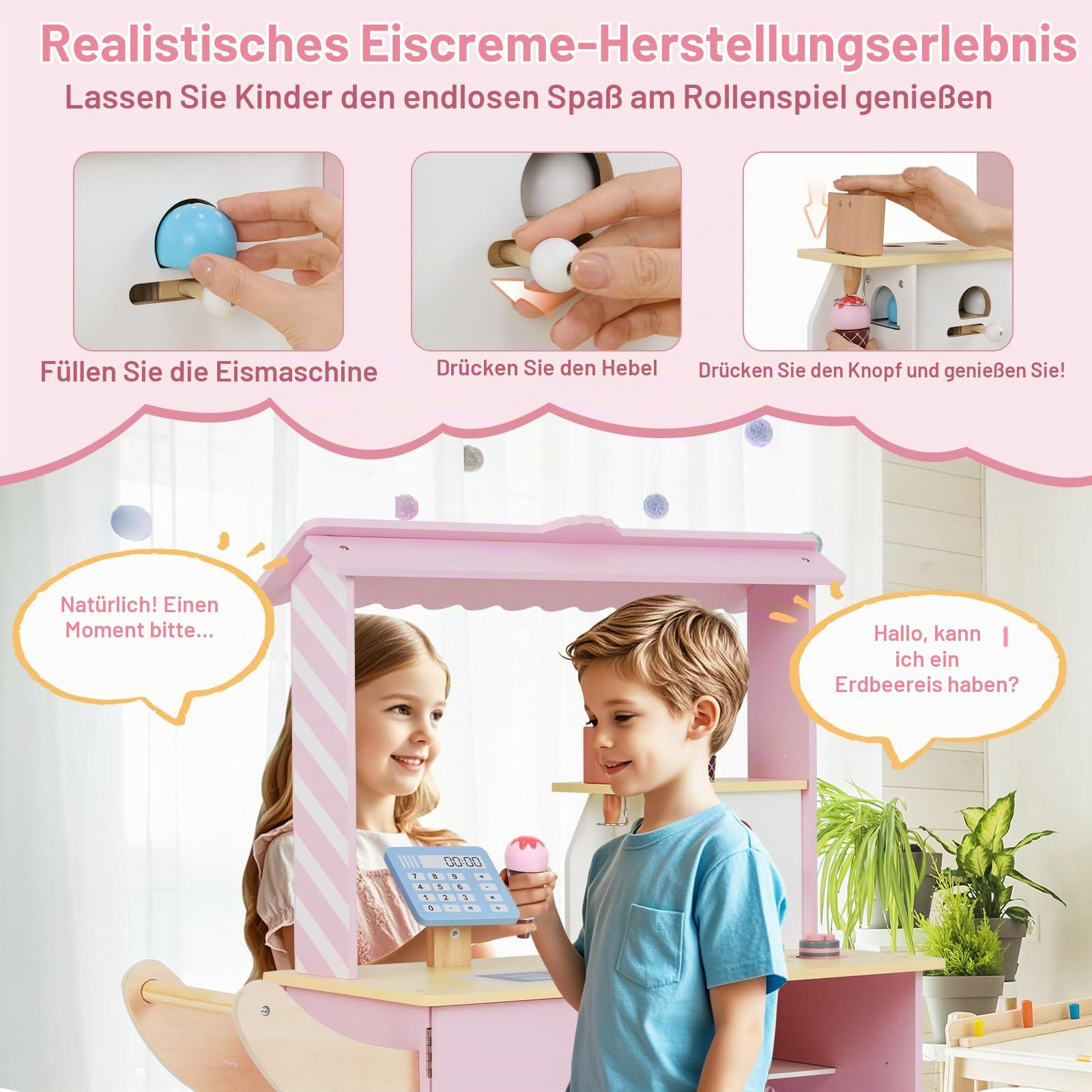 HOMASIS Kinder Eiswagen Holz mit 15 Zubehör, Kaufladen mit 6 Spielzeug-Eiscreme, Eismaschine, Verkaufsautomat, Kasse, Scanner, Eisdiele mit Rädern & Vordach, Verkaufsstand für Kinder ab 3 Jahre (Rosa)