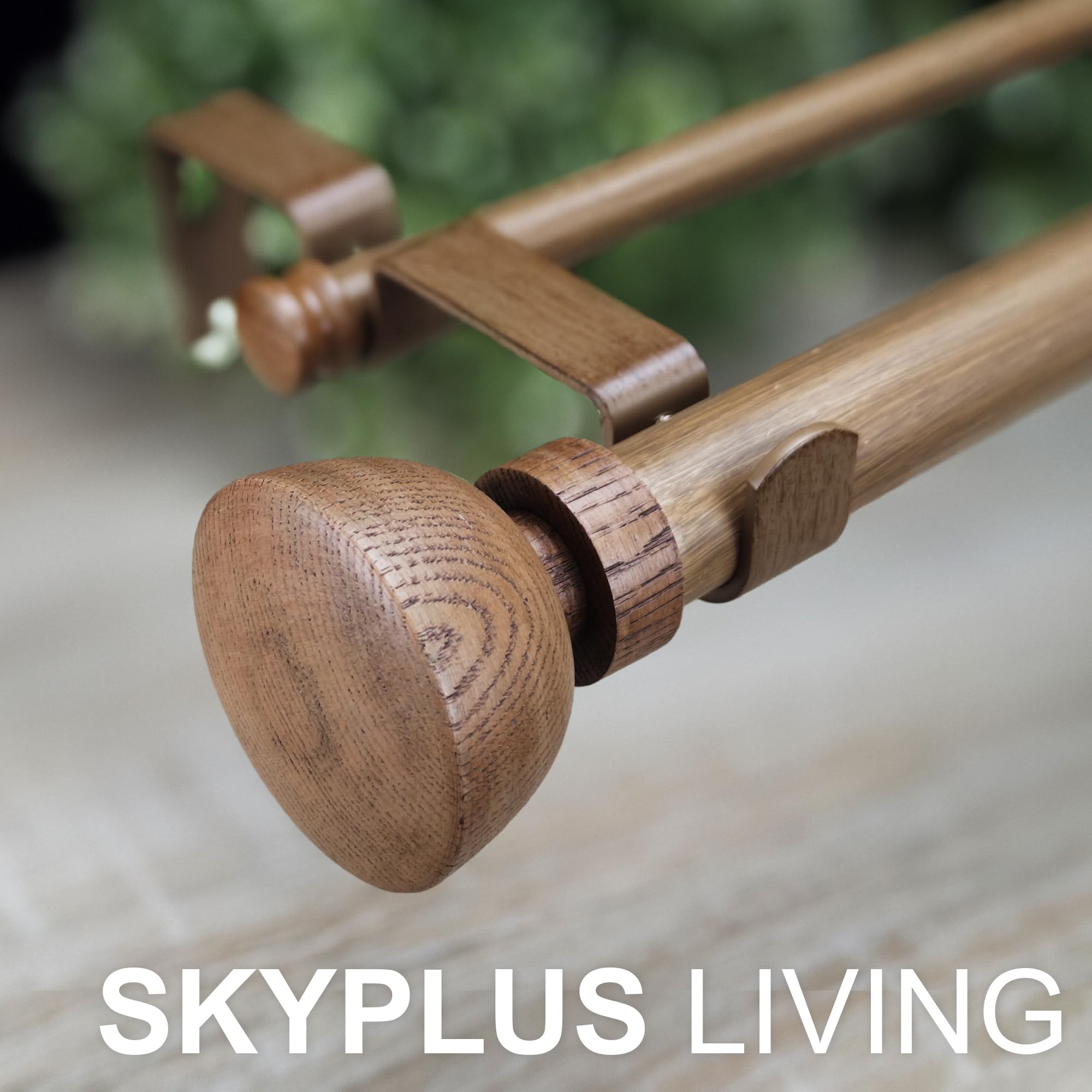 SKYPLUS LIVING Faux Wood Style Curtain Rod Set with Wood Grain Round Finial, 72-144 inch, Standard Double Drapery Rod for 1 Pack, 1 inch diameter, Adjustable Length