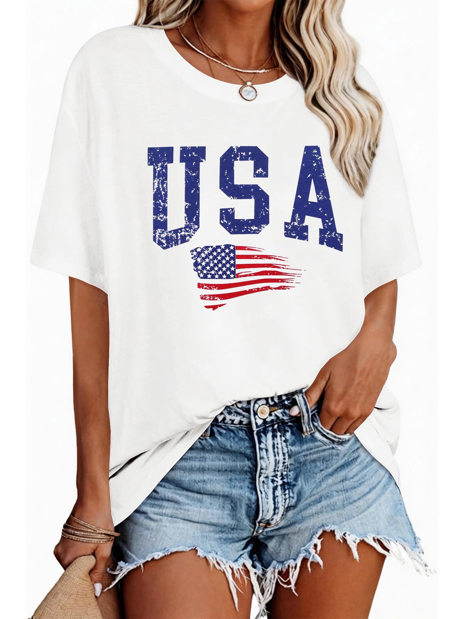 4th of July Outfits for Women USA Patriotic Shirts Short Sleeve American Flag Summer Tops
