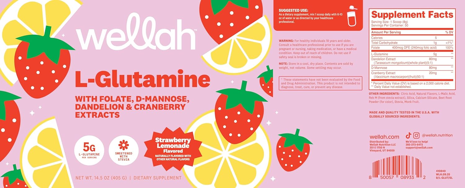 Wellah L-Glutamine Strawberry Lemonade Flavored (50 Servings) - 5g L-Glutamine Per Serving, Sweetened with Stevia - Image 5
