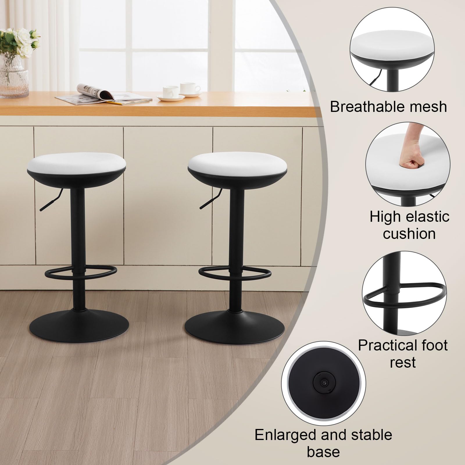 Set Di 2 Sgabelli Da Bar WOLTU Con Schienale E Poggiapiedi - Seduta In Plastica Bianca, Struttura Metallo, Regolabili, Per Cucina E Giardino