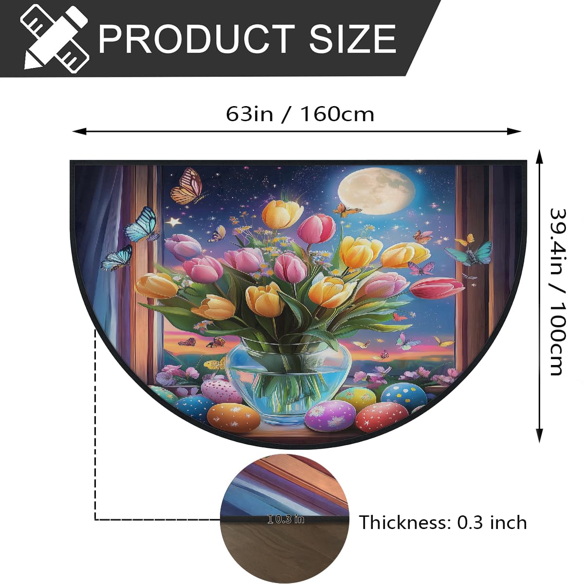 Mexpekil Paillasson demi-rond pour intérieur et extérieur - Motif œufs colorés, tulipes et lune - Demi cercle - Absorbant la saleté - 100 x 160 cm