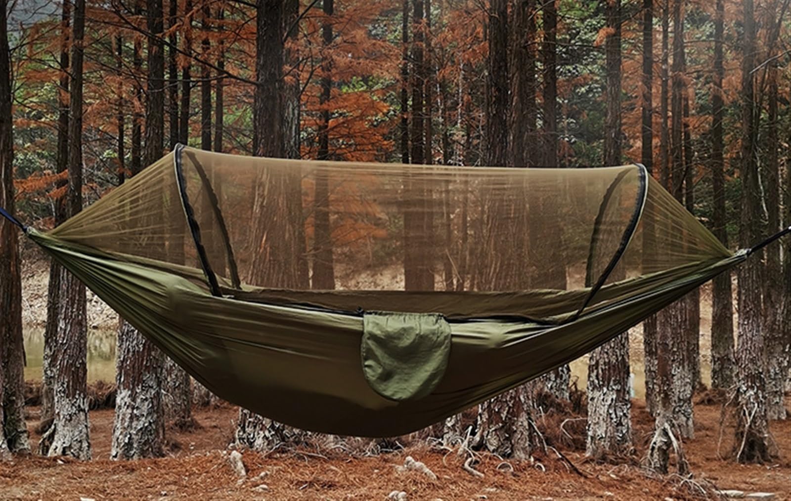 Przenośny hamak z siatką i paskami na drzewo, regulowane pętle, 260x140 cm(A)