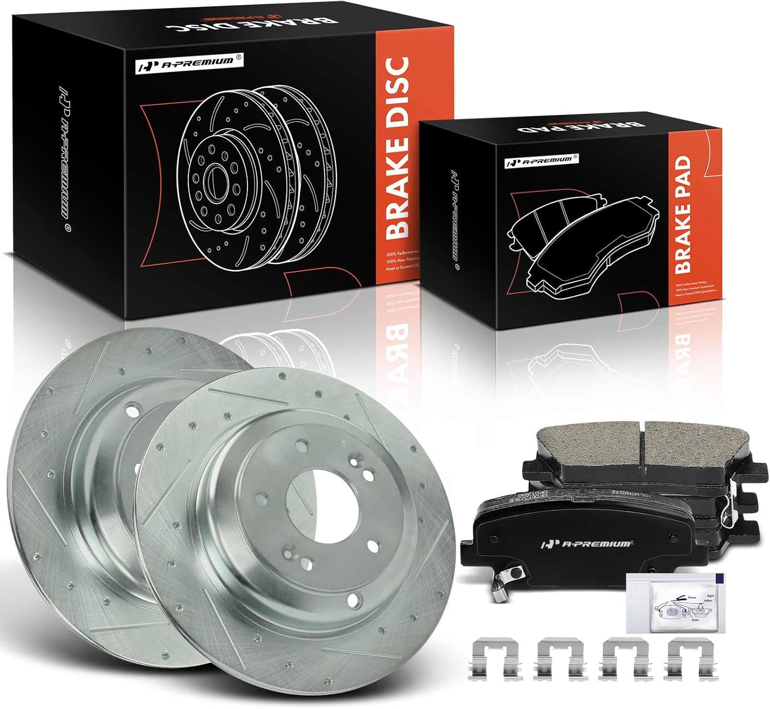 A-Premium 12.36 inch (314mm) Rear Drilled and Slotted Disc Brake Rotors + Ceramic Pads Kit Compatible with Select Hyundai Models - Genesis Coupe 2010-2016, 6-PC Set