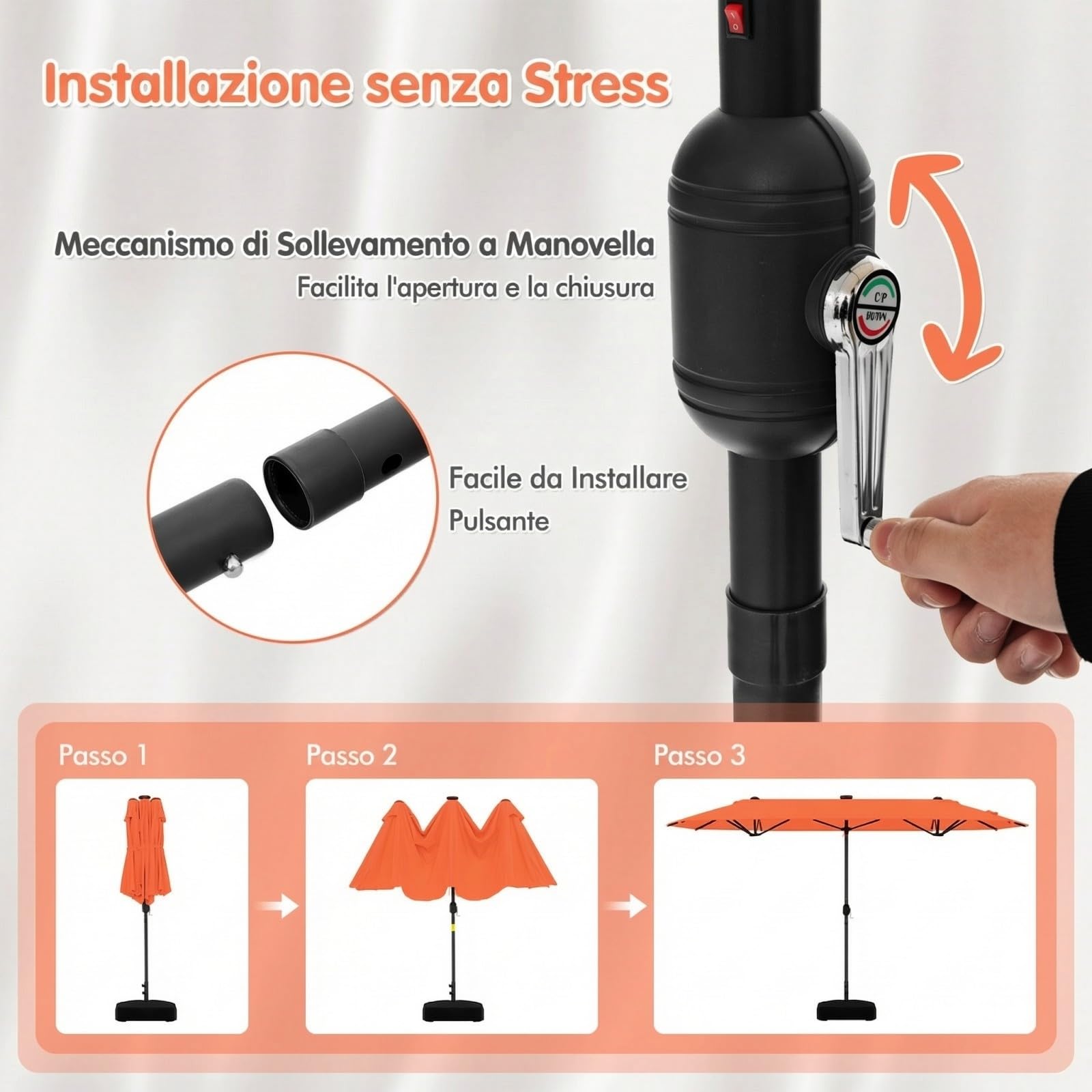 RELAX4LIFE Ombrellone da Giardino 4 x 2 M con Luci LED, Parasole Doppio con Base e Apertura Manovella per Patio, Terrazzo, Balcone e Ristorante (Arancione-Base+Luci, 4 x 2 M)