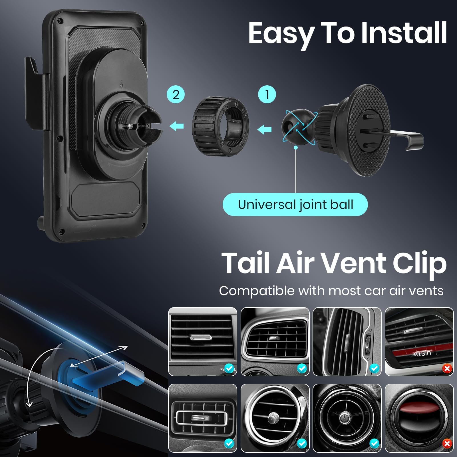 Supporto per telefono da auto con caricabatterie wireless da auto da 15 W, staffa di montaggio per bocchetta dell'aria con apertura e chiusura a induzione, supporto per telefono con regolazione della