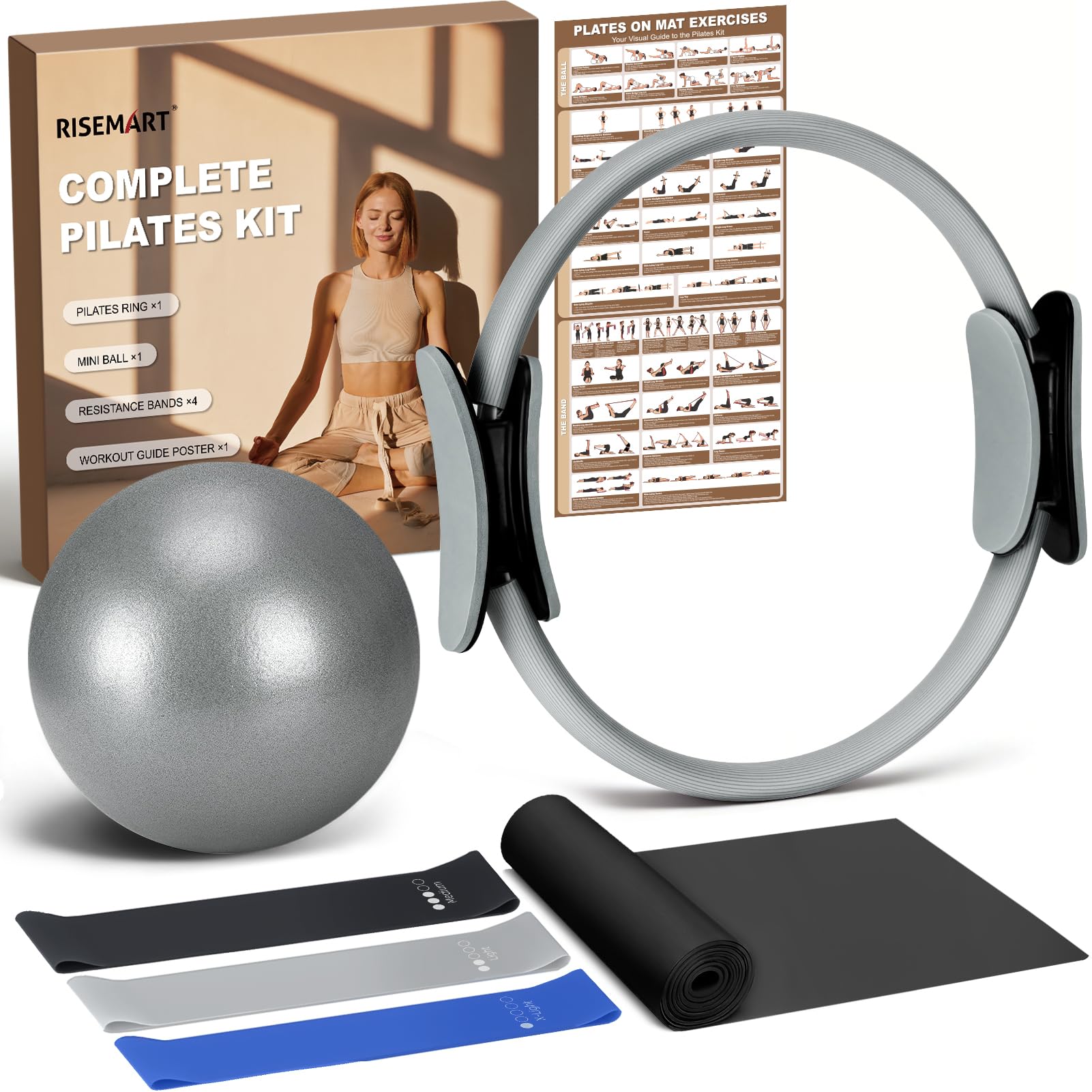 Pilates Kit 9Pcs Home Pilates Set with 13'' Ring, 8'' Ball and 4 Resistance Bands for Women & Men, Pilates Workout Equipment Set for Beginners with Professional Pose Guides & Tote Bag (Dusty Blue)