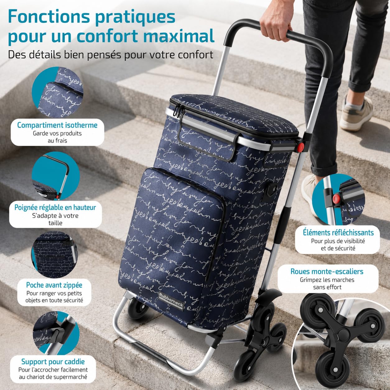 Rubberneck Chariot de Courses Pliable 44L avec Compartiment Isotherme Bleu