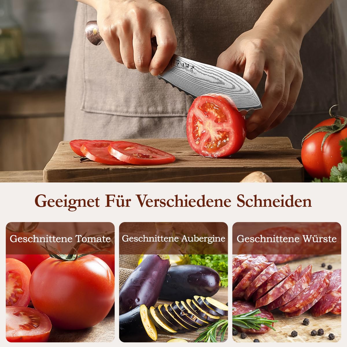 HEZHEN Profi Tomatenmesser Damast, Wellenschliff Hartstahl Auberginenmesser, Scharfe Klinge Brotzeitmesser, Frühstücksmesser Full Tang Micarta Griff