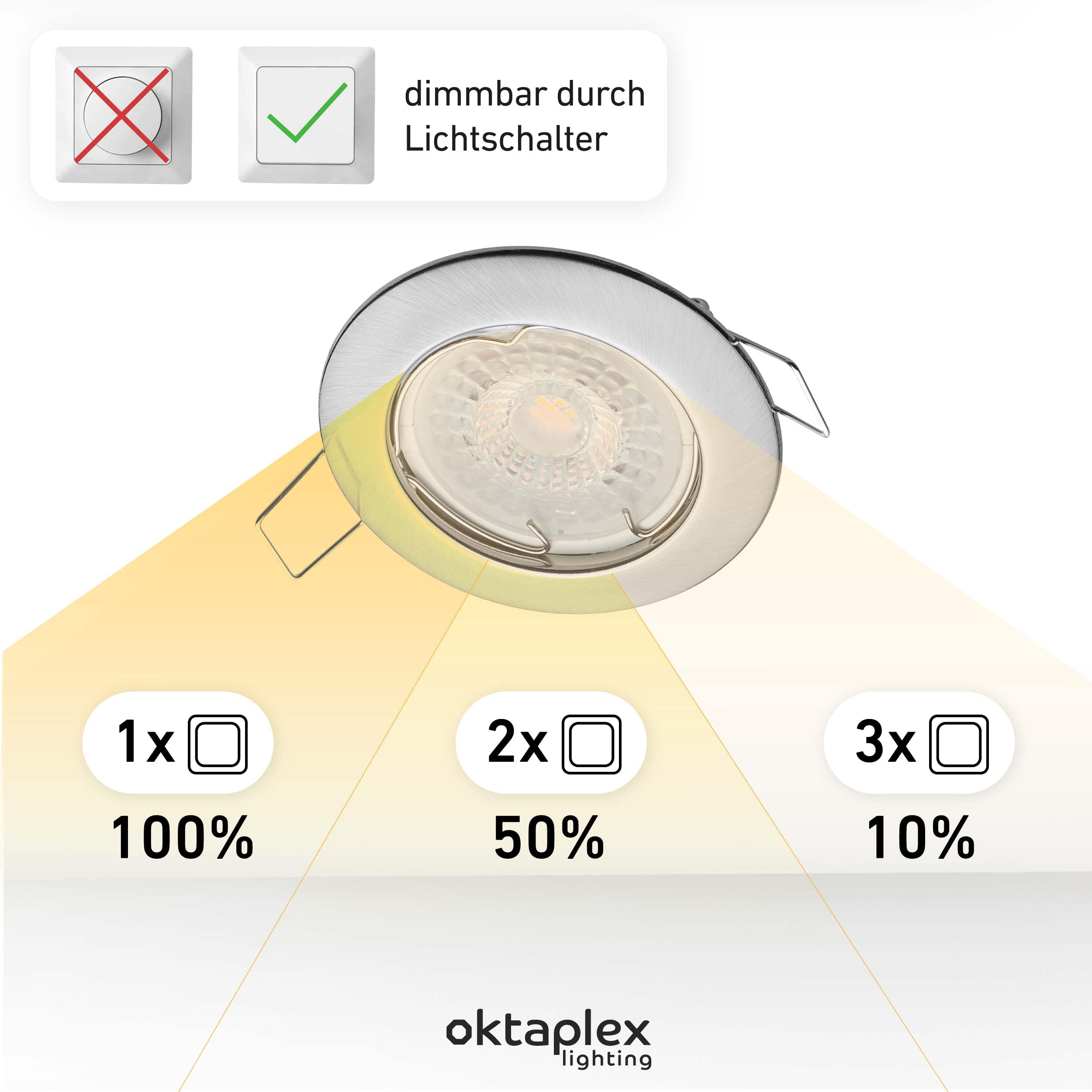 Oktaplex 9er Set Sedan LED Einbauspots 230V 3 Stufen dimmbar 3000K Warmweiß | 22mm Einbautiefe, Lochmaß 60mm, 4,8W, 380lm, 110° Einbauleuchte Sedan, Edelstahl gebürstet flach