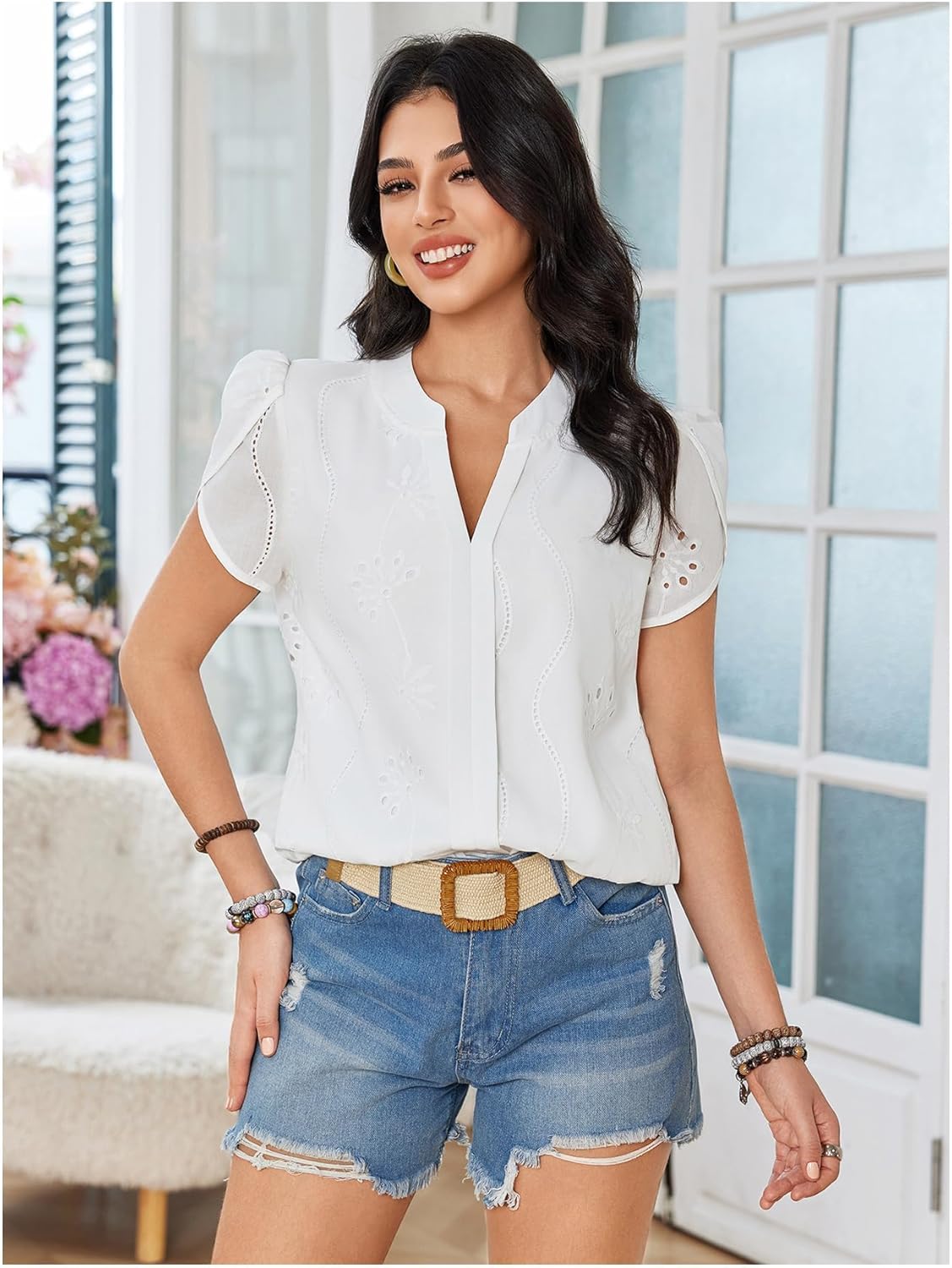 SweatyRocks Women's Embroidered Eyelet Tops Floral Summer Puff Sleeve Dressy Casual Blouses V Neck T Shirt - Image 7