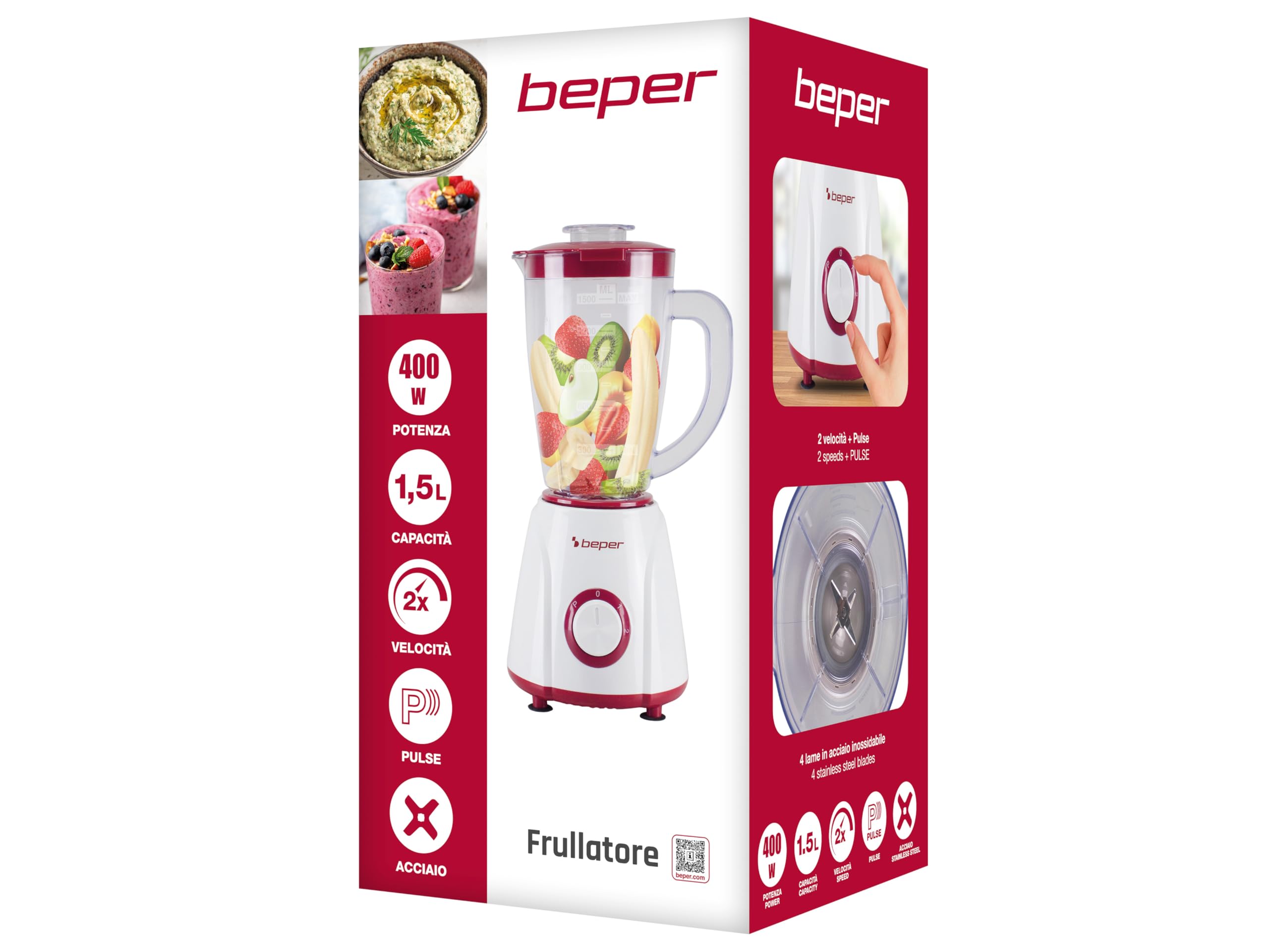 BEPER P102FRU501 Mixeur de table 1,5 L – 400 W, 4 lames en acier inoxydable, 2 vitesses + fonction Pulse, pichet gradué, couvercle avec trou, base antidérapante, idéal pour les crèmes et sauces