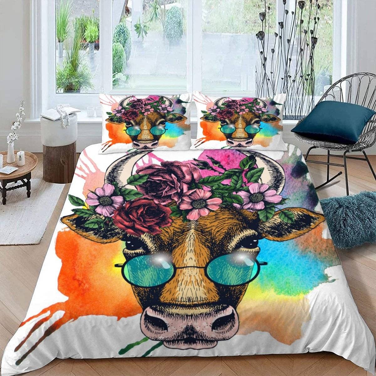 RFFLUX 3D Cows Super king size Duvet Cover Sets 3 Pieces 220x260 Soft Microfiber Funny Flowers Cow Quilt Cover with Zipper Closure Easy Care Bed Set with 2 Pillowcase for Adults Room Decor — image 1