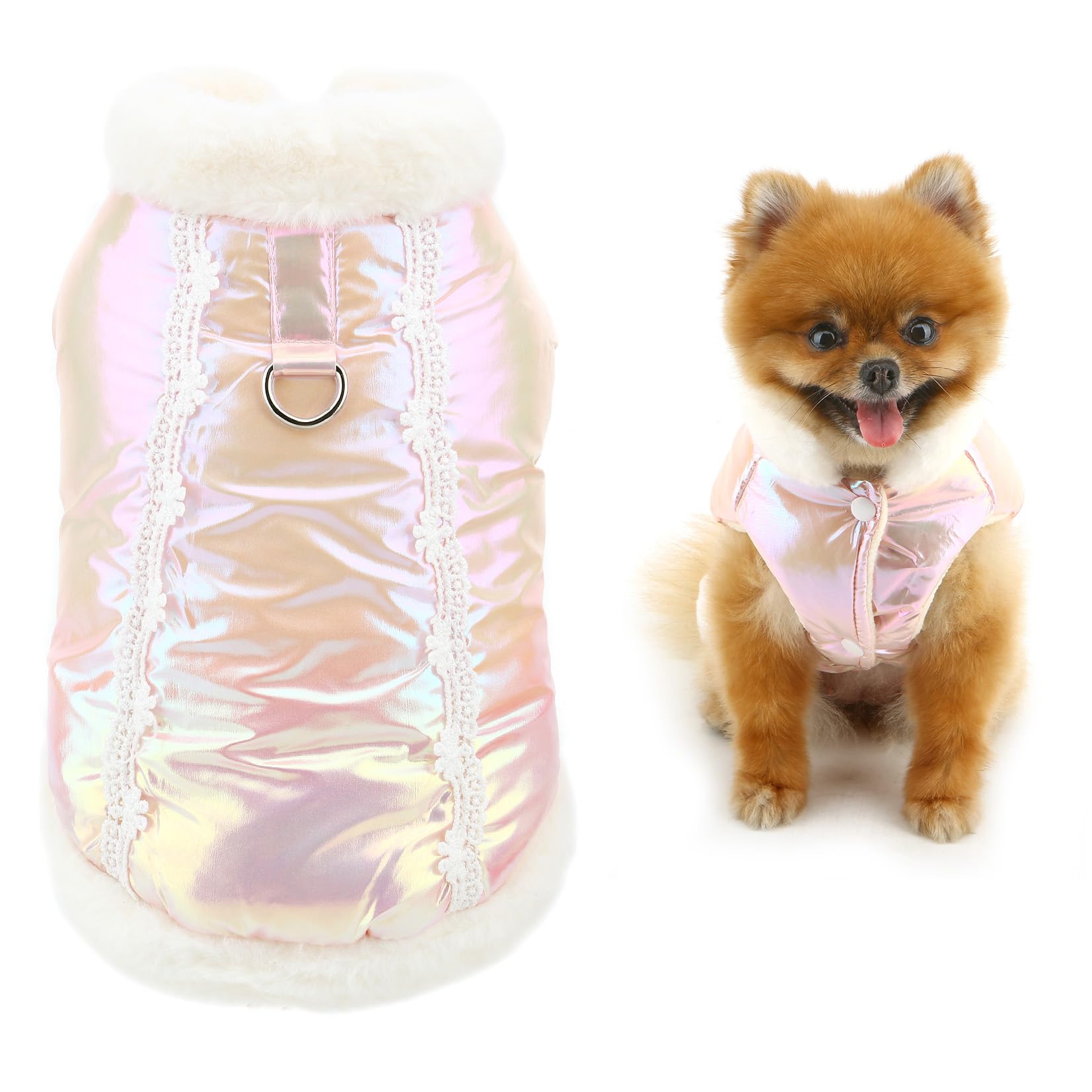 SMALLLEE_LUCKY_STORE Fleece Lined Windproof Dog Coat for Xsmall Small Dogs Waterproof Puppy Winter Vest Jacket with D-ring Warm Padded Clothes Fuzzy Collar Chihuahua Yorkie Outfit Pink S