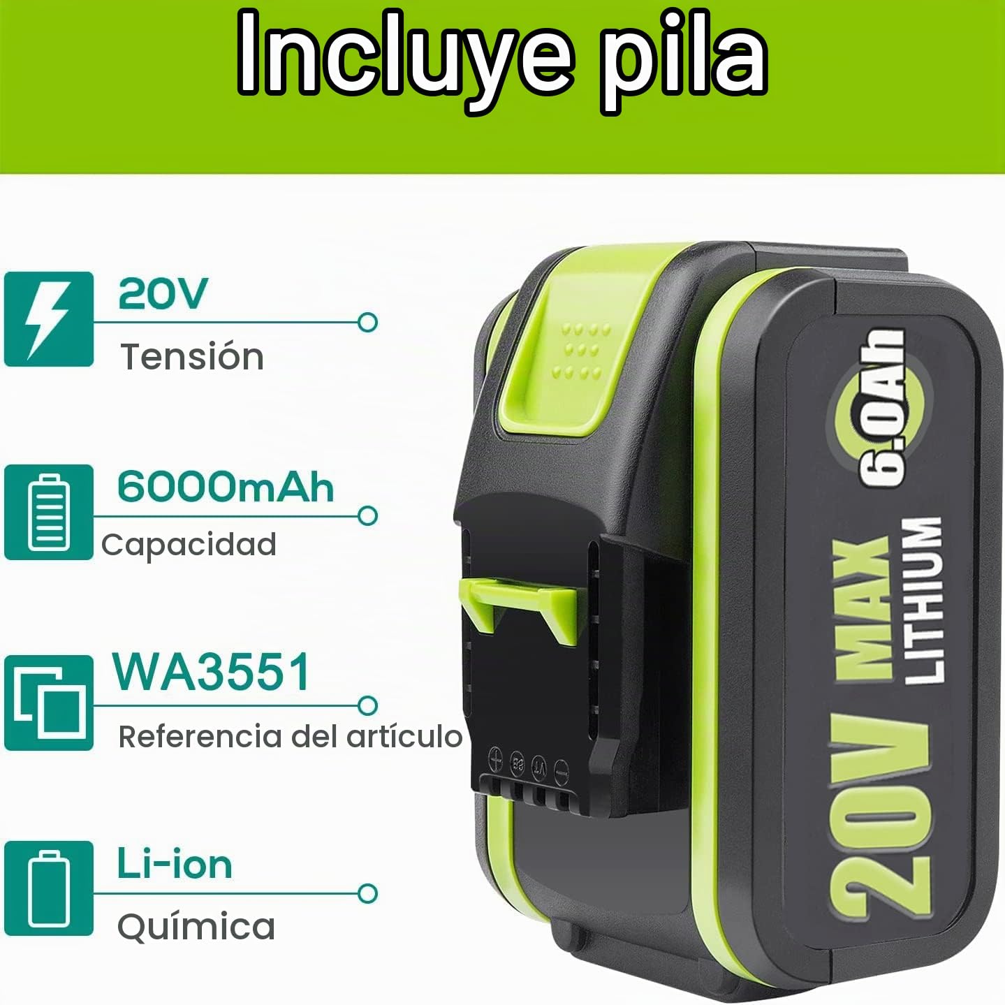 2 x 6,0Ah baterías de Repuesto de 20V para WA3551/WA3553, para Herramientas eléctricas inalámbricas WA3551.1 WA3551 WA3572 WA3553 WA3760 WA3881 WX390 WX176 WX178 WU268 WX166.4 WX372.1 WX800
