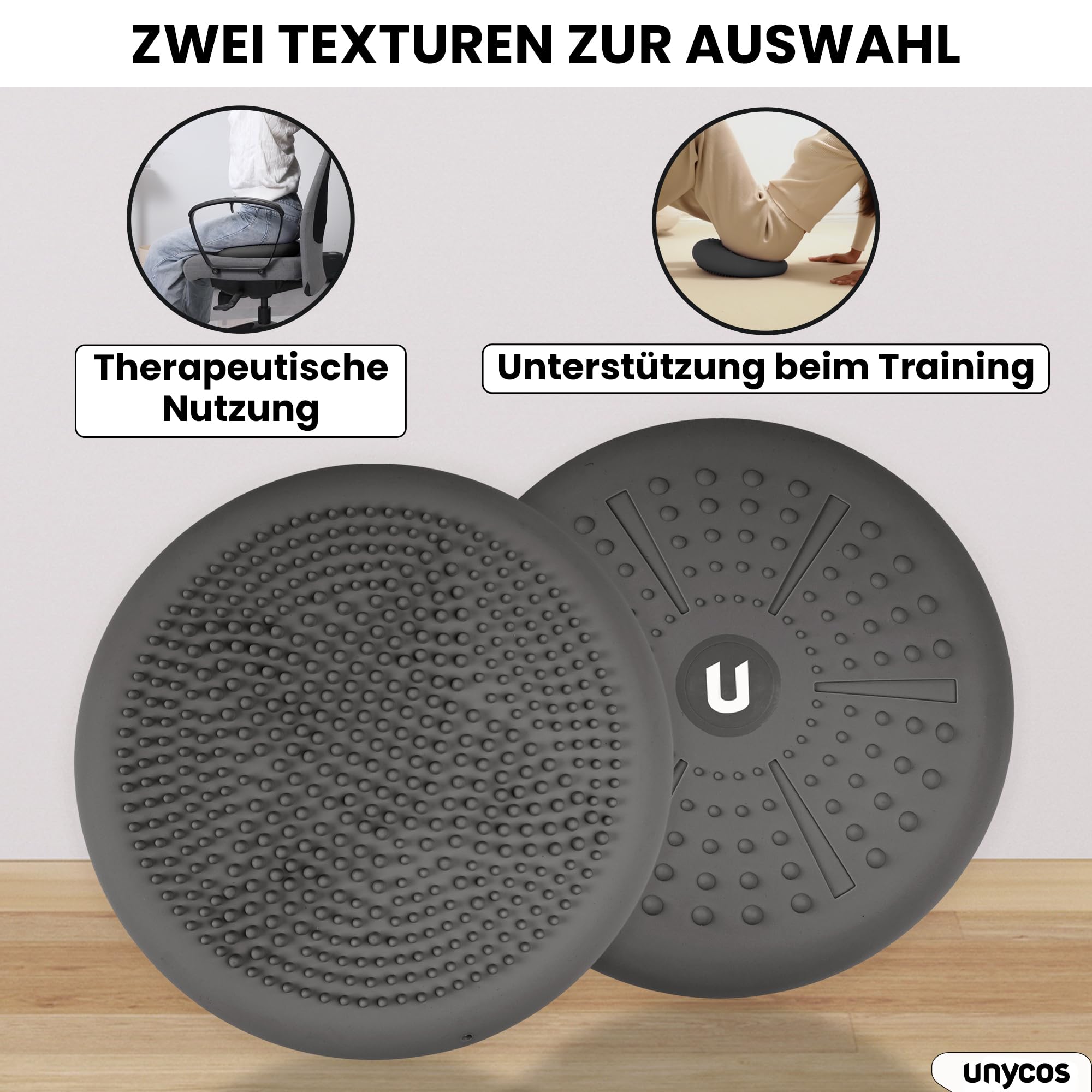 unycos - Ballsitzkissen Ø33 cm inklusive Pumpe, Noppenkissen, Luftkissen, Anti-Burst Sitzkissen, Balancekissen, Core, Rücken, Fitness Koordinations und Rückentraining (PureZen)