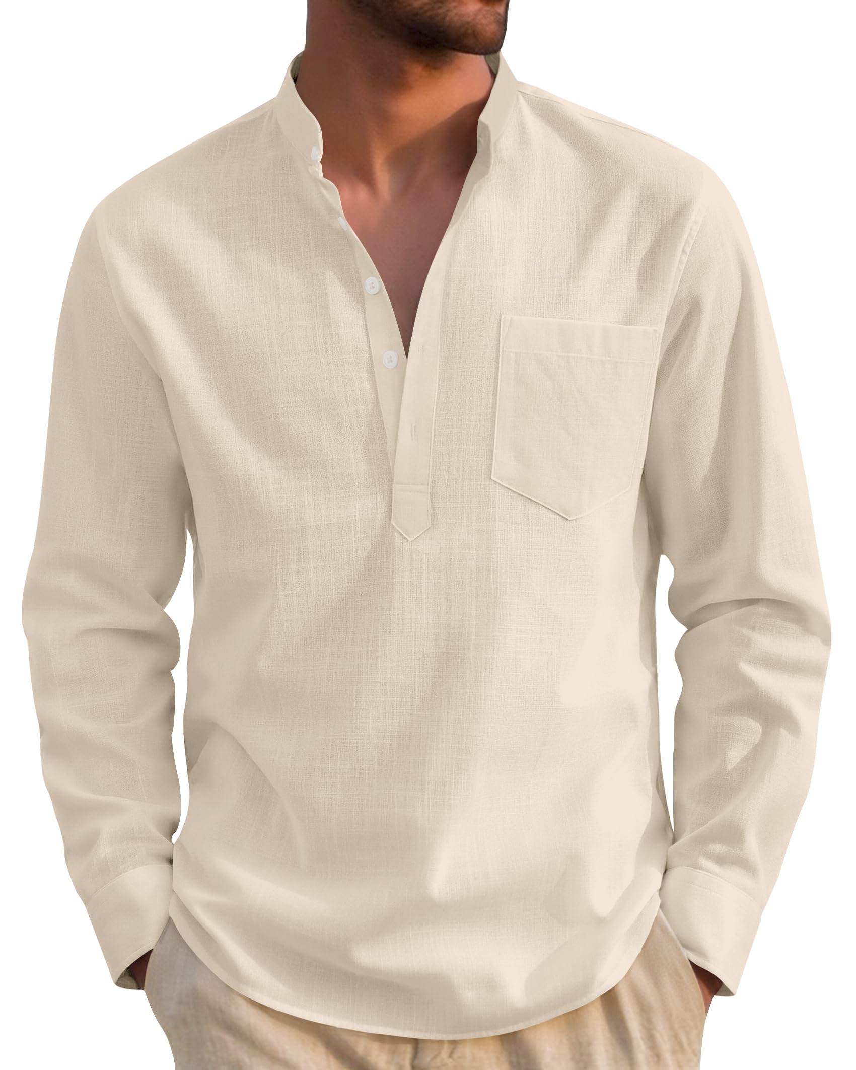 J.VER Hemd Herren Baumwolle leinenhemd Henley Shirt Langarm in Regular Fit Atmungsaktives Freizeithemd mit Tasche für Sommer und Urlaub