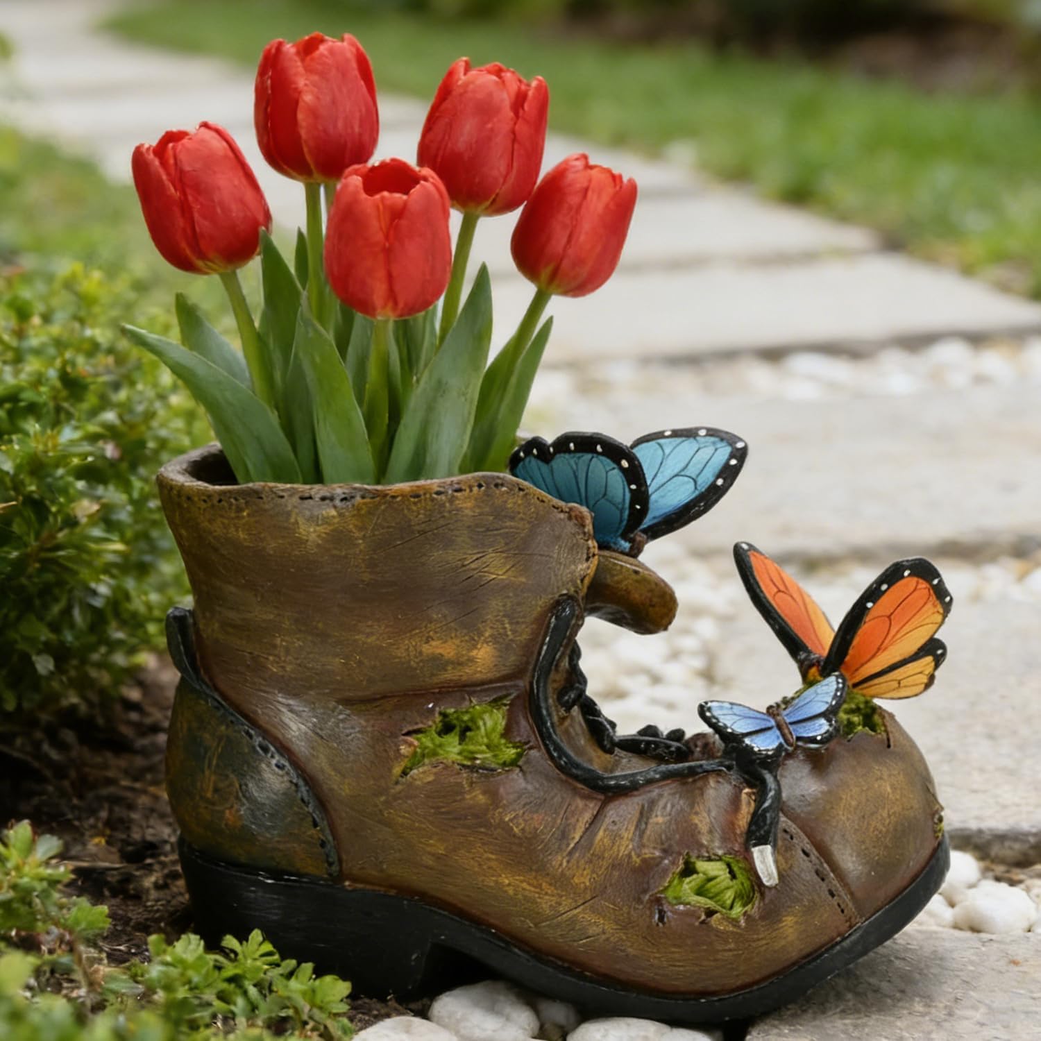 Unique Rustic Boot Planter for Outdoor Indoor Plants - Colorful Resin Pot with Butterfly for Garden Farmhouse Office Decor - Cute Decorative Pot for Succulents Flowers