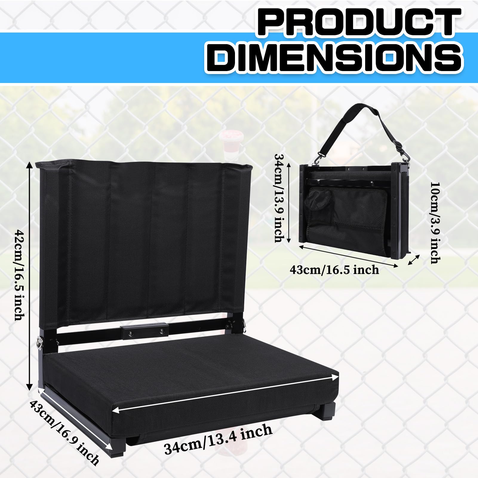 Asiento de estadio con respaldo acolchado, asiento de estadio con 2 opciones de transporte, asiento de tribuna con acolchado grueso para eventos deportivos y conciertos.