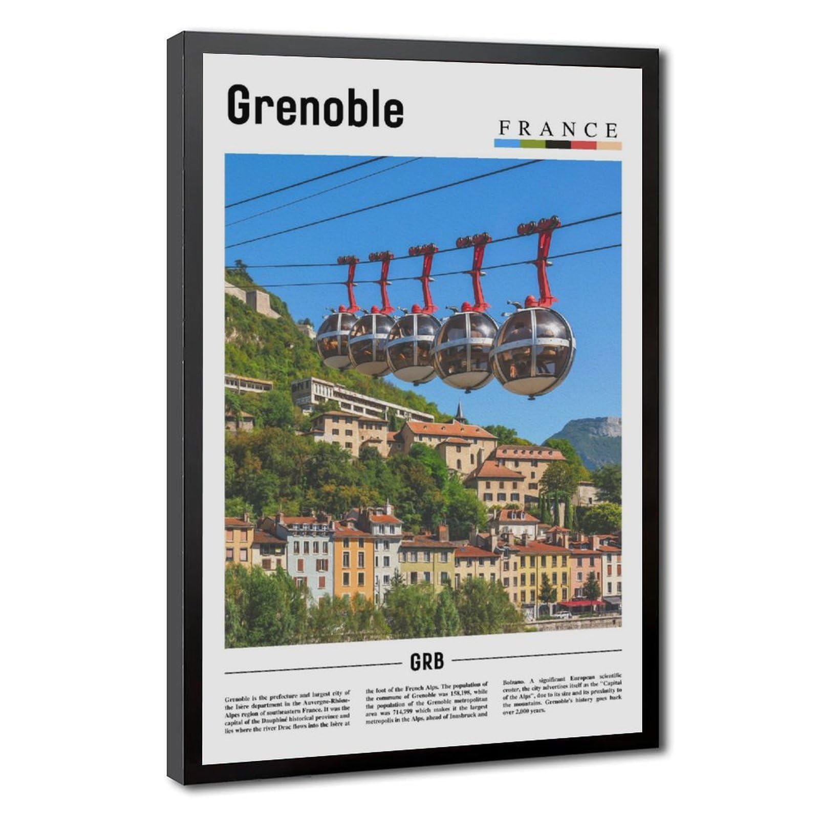 Wcyb Black Frame Grenoble Isère France Landscape Travel Posters Prints Canvas Deco Paintings Wall Art Hangable Frame 8" L X 12" W