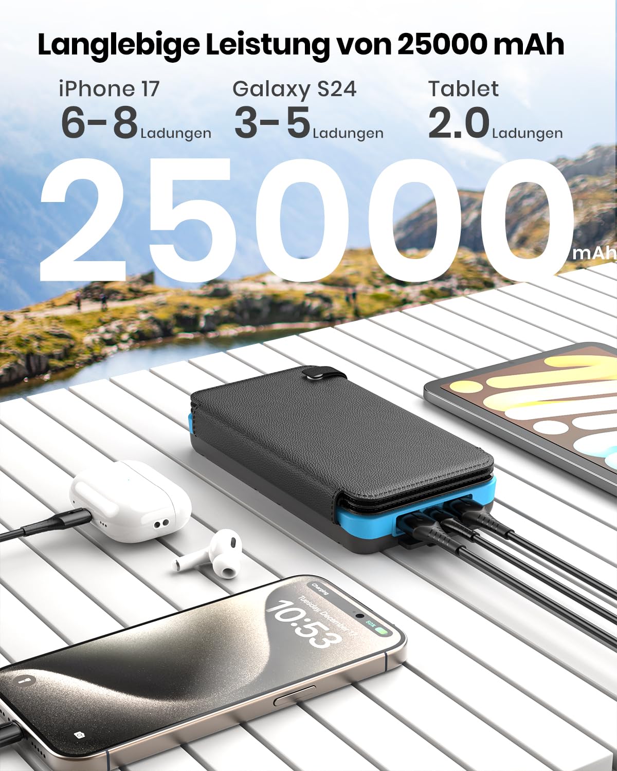 A ADDTOP Solar Power Bank - 25000 mAh Solar PowerBank mit 4 Solarpanels - 3.0A Schnelllade Ladegerät Tragbare Akkupack Externe Handyakkus mit 3 Ausgangs für Smartphone Tablet