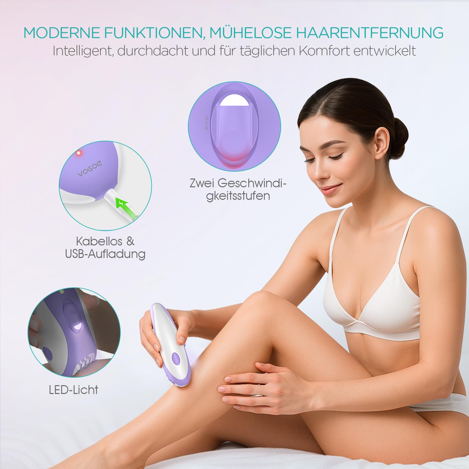 VOGOE Epilierer Damen für Haarentfernung, Epeliergerät Körper 4 in 1 Elektrischer Kabelloser, 21 Pinzetten für Gesicht Beine Arme Bikini, HR310 Lila
