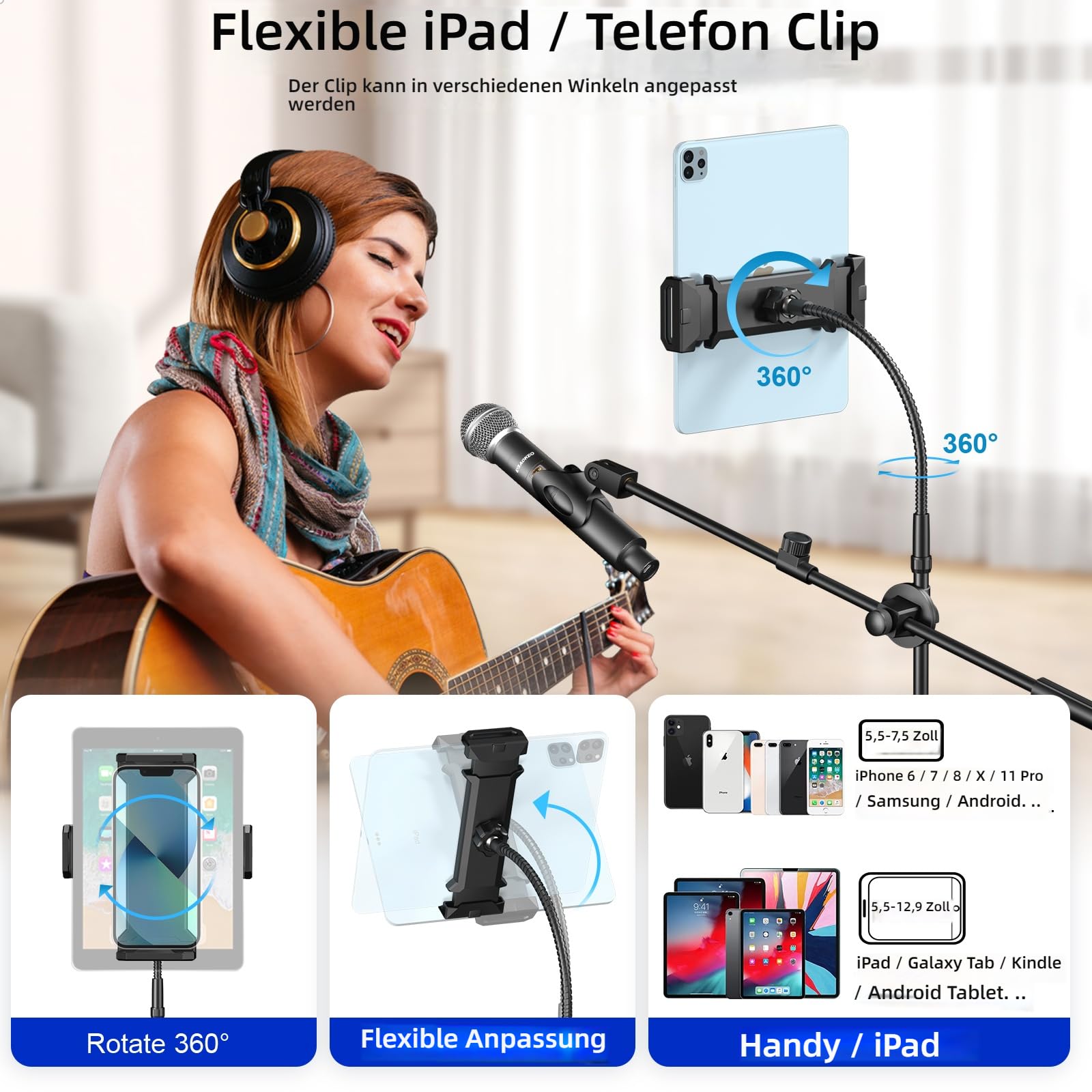 Supporto per microfono, 6 in 1 con asta da pavimento, braccio di supporto, collo d'oca, clip per microfono, supporto per telefono tablet, nero, metallo, portatile, regolabile