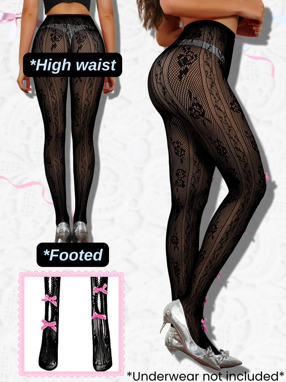 ShawGobow Bow Tights For Women,Sheer Floral Lace Sexy Stockings,Cute Bows Stocking Valentines Date Night Christmas