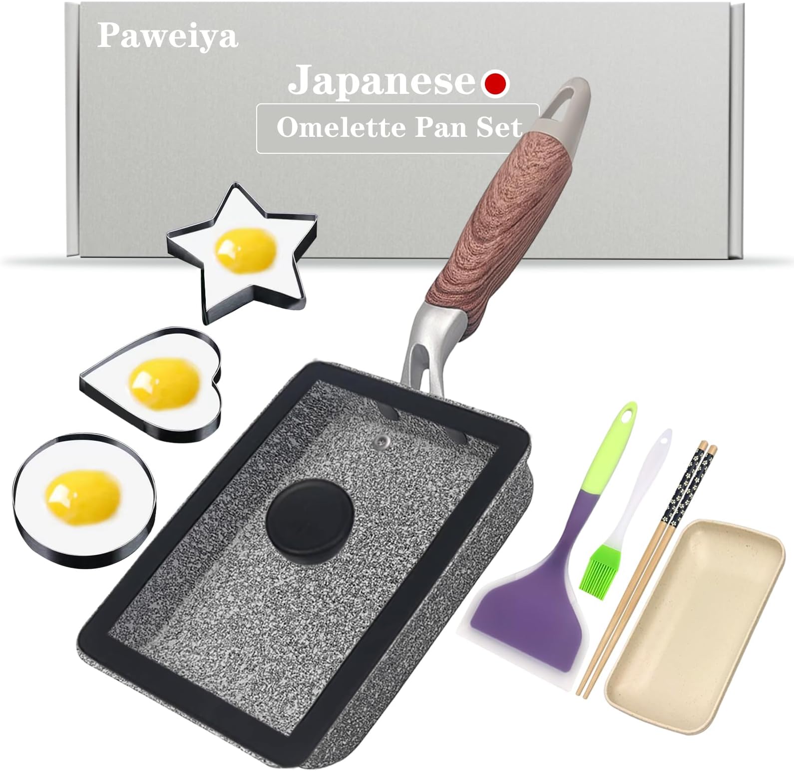 Tamagoyaki Pan Set with Lid, Japanese Omelette Pan Nonstick, Square Japanese Egg Pan, 7"×5" Grey