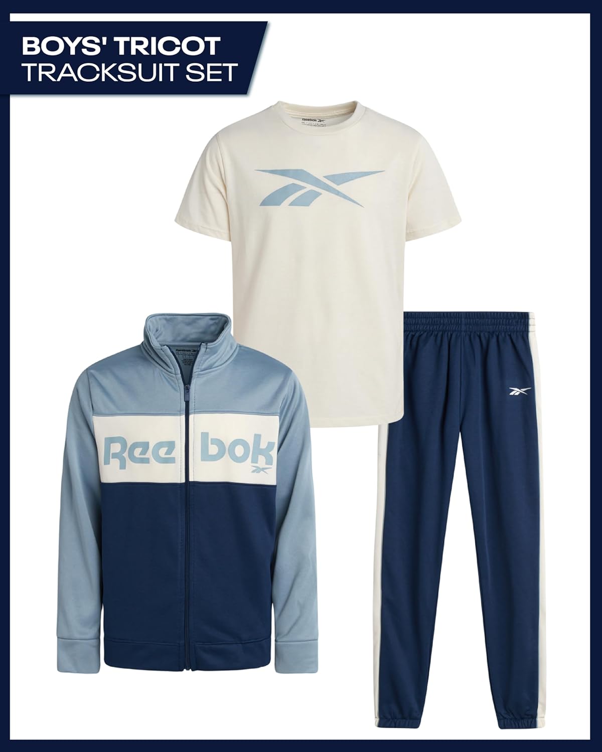 Reebok Boys Joggers Set - 3 Piece Boys Tracksuit Set with Tricot Zip Up Jacket Athletic Cotton T-Shirt and Jogger Sweatpants - Image 2