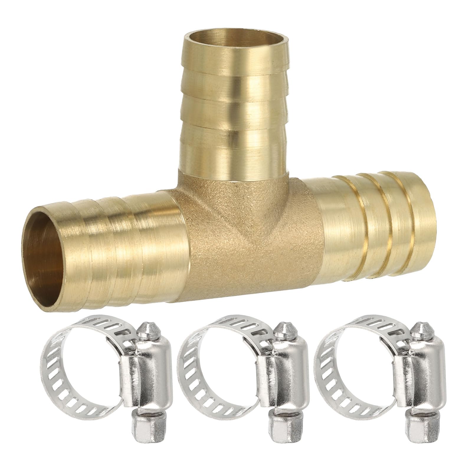 PATIKIL 1/2" Brass Tee Hose Barb Fitting, 3 Ways Union Intersection T Shape Barbed Split with Clamps for Air Water Fuel Gas Liquid, Golden — view 20