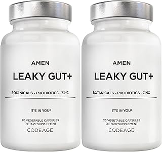 Amen Leaky Gut Supplement - Advanced Formula with Bioavailable L Glutamine, Zinc, Turmeric, DGL Licorice Root - Marshmallow Root - Probiotics & Fermented Prebiotics - Vegan, Non-GMO - 2-Pack