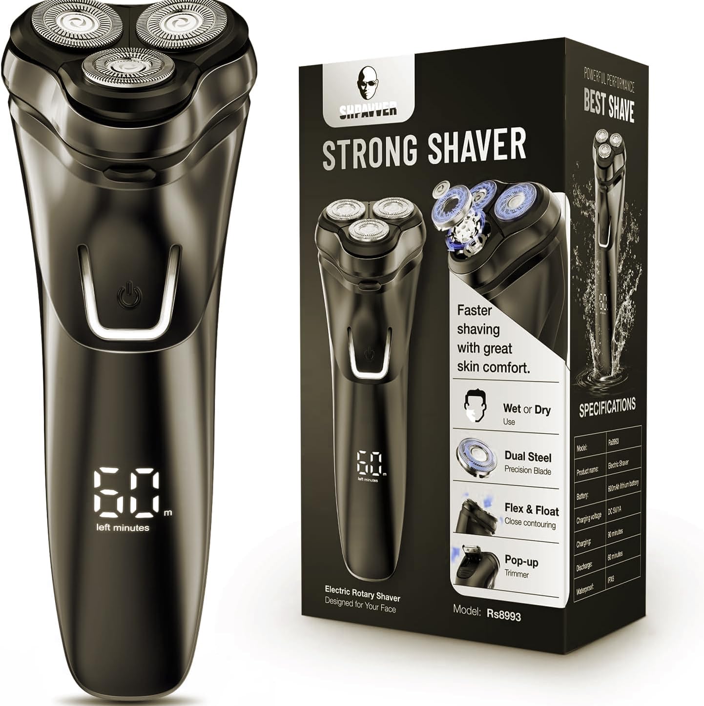 Maquinilla de afeitar eléctrica para hombre inalámbrica: afeitadora rotativa húmeda/seca, impermeable, carga rápida por USB y cuidado de la piel sensible, recortadora desplegable y cuchillas de
