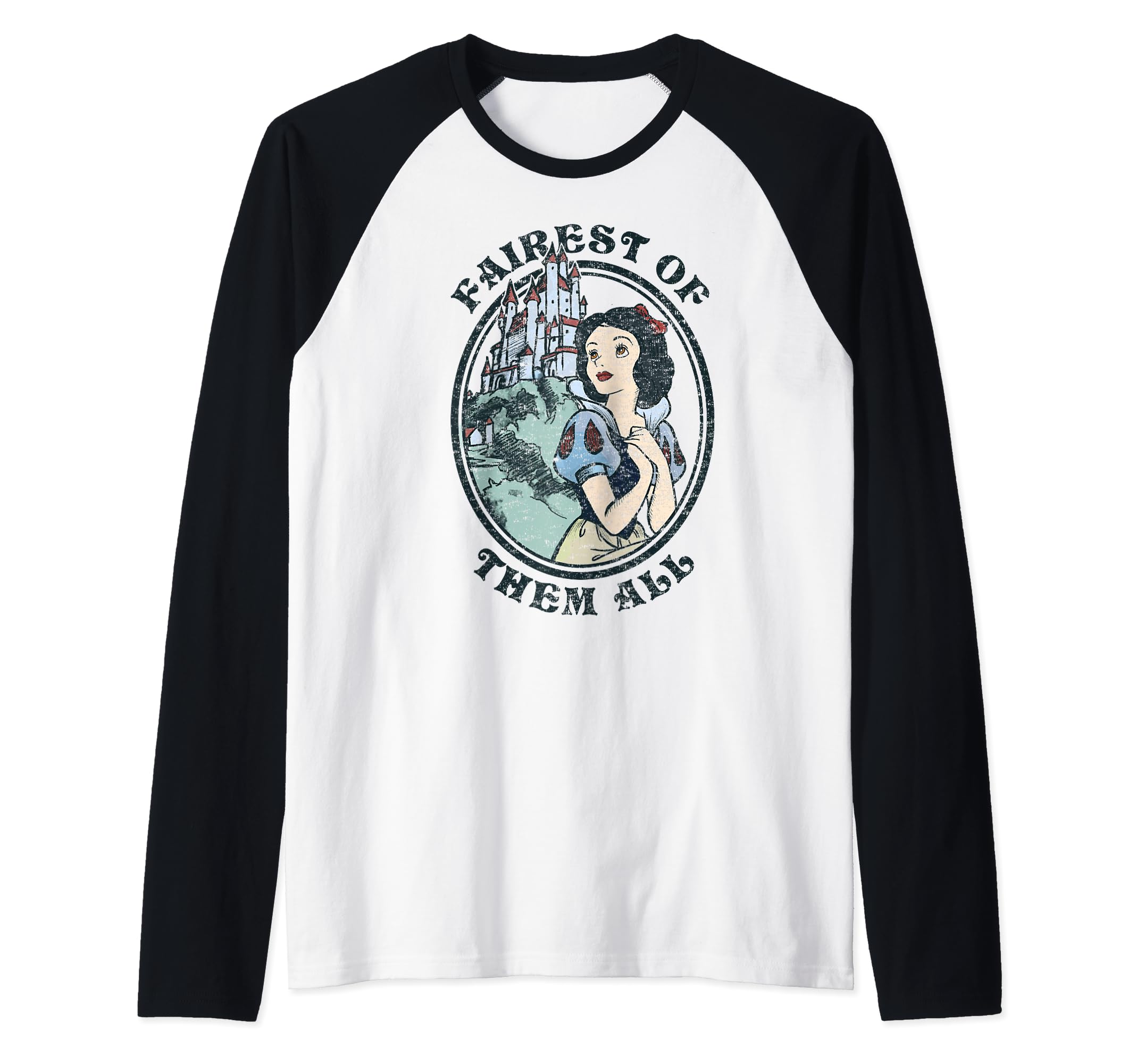 Disney Snow White Fairest Of Them All Vintage Portrait Raglan Baseball Tee, Black