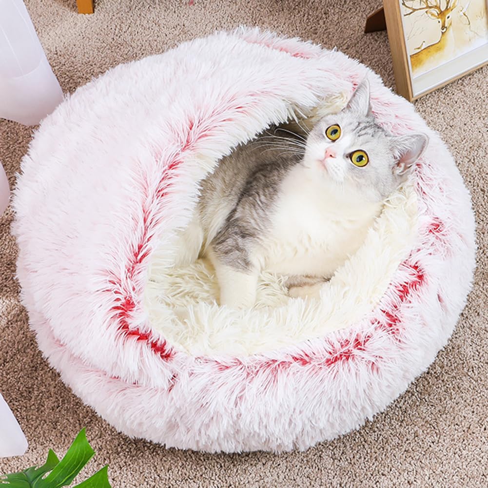Hundebett Flauschig, Halbgeschlossene Katzenbett, Donut Kissen, Waschbar, Langer Plüsch, Donutbett für Hunde und Katzen, Hundekissen mit Extra Dicker Füllung (Rosa,XL-70cm/27.6in)
