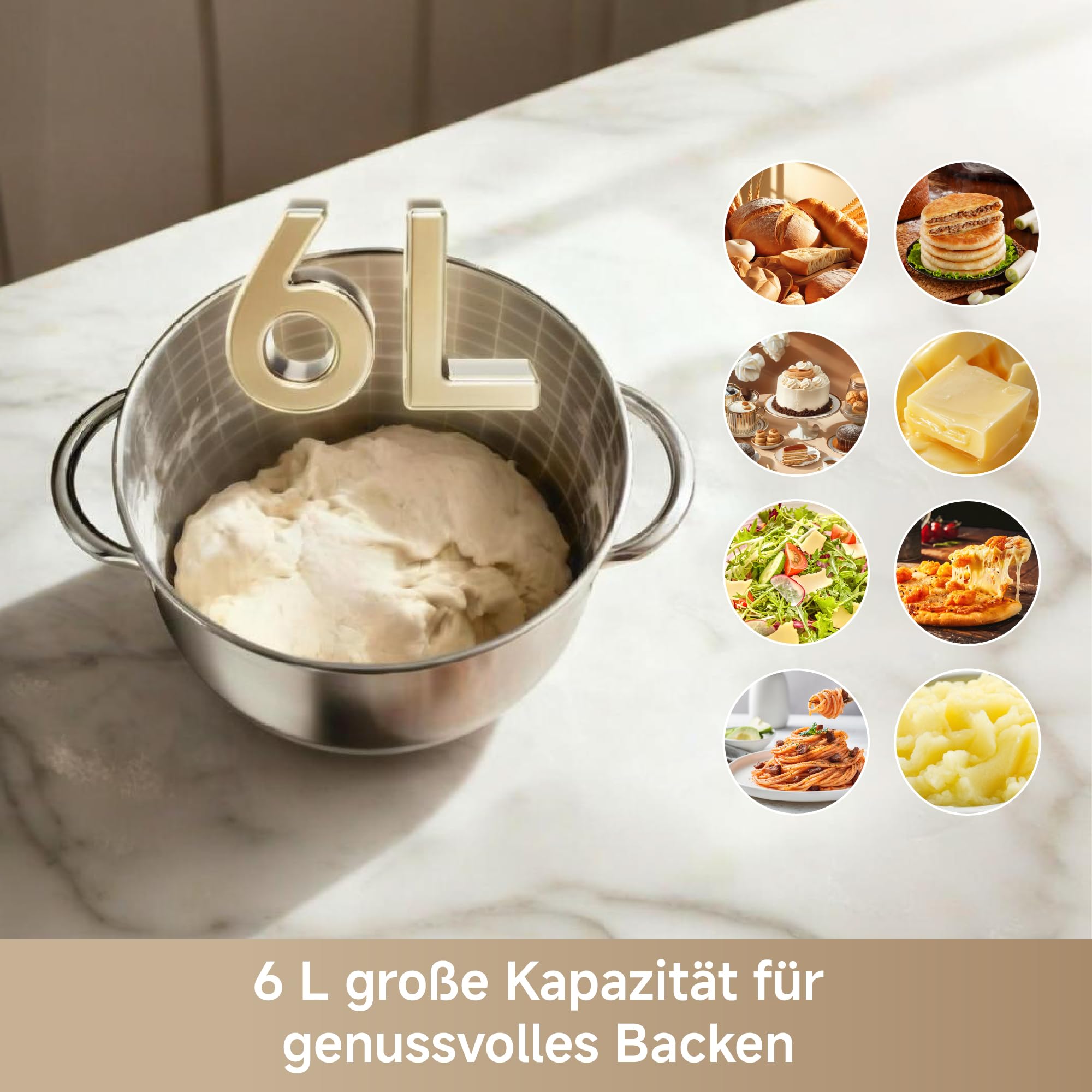 Dreame BioKnead™ Küchenmaschine mit Rührschüssel. Patentierter Doppelknethaken und leiser 800-W-DC-Motor für 6-L-Schüssel. Digitales Display, 12 Geschwindigkeiten