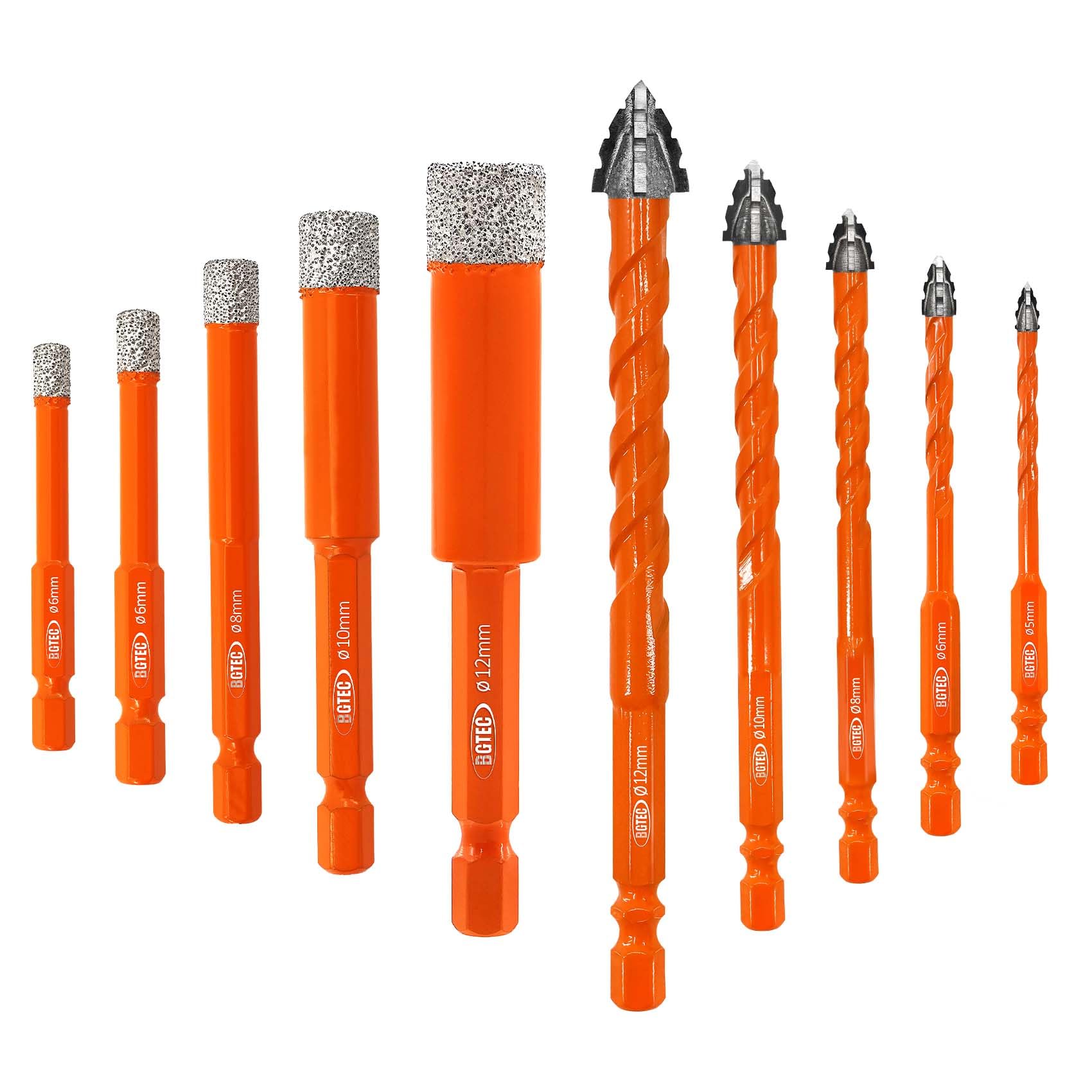 BGTEC Serrated Carbide Masonry Drill Bit Set 10PCS - 5/6/8/10/12MM Wood Bits & 6/6/8/10/12MM Diamond bits for Wood Plastic Masonry Brick Tile Glass Concrete Marble — image 1