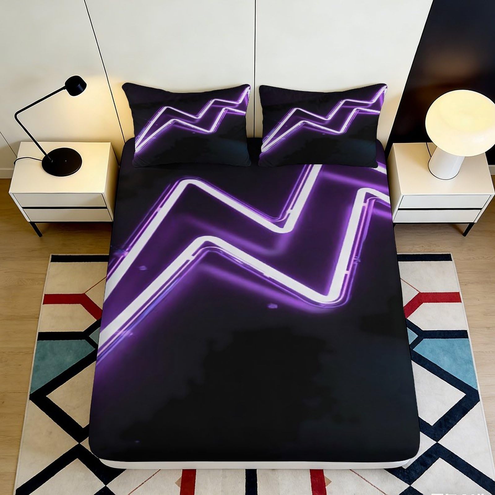 3D Printed Neon Lightning Fitted Sheet Microfiber Soft Durable Purple Bed Cover for Bedroom Dormitory Guest Room Mattress Protection Decor 180x200x25cm