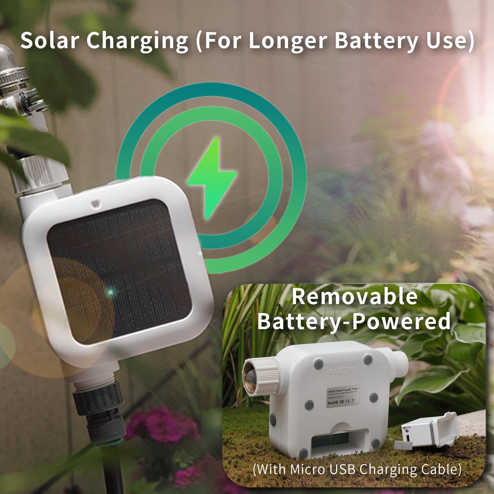 Netro Pixie - Timer intelligente per tubo per irrigazione, collegato a WiFi, alimentato a energia solare, con sensore meteo
